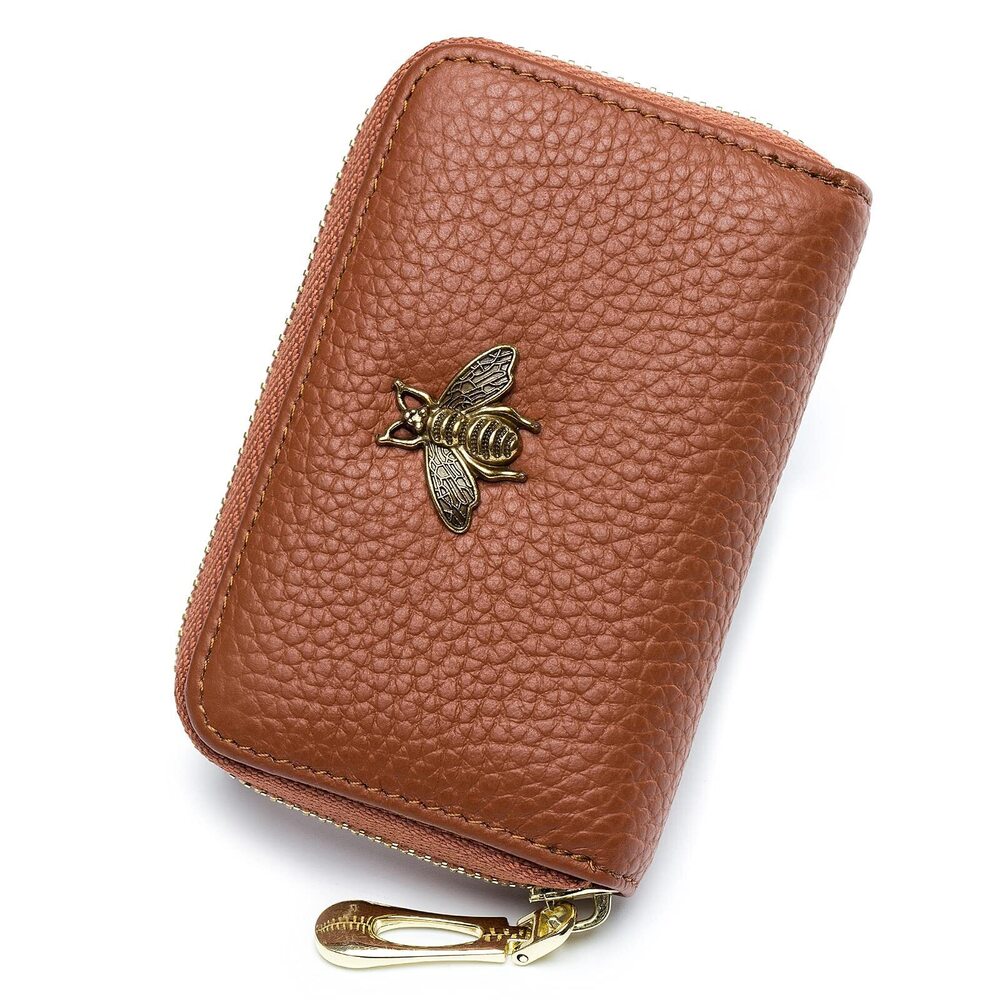 3017 RFID Credit Card Holder, Small Leather Zipper Card Case Wallet
